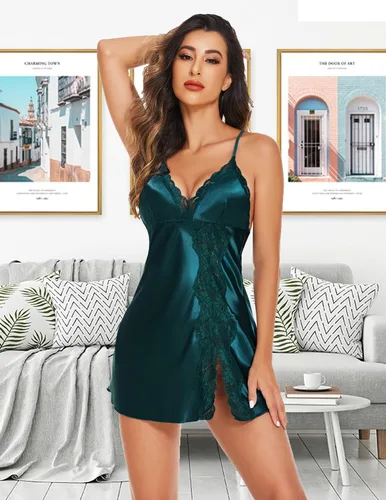 Vista 3 de Avidlove Camisón de encaje de satén para mujer, cuello en V, sexy, vestido de dormir