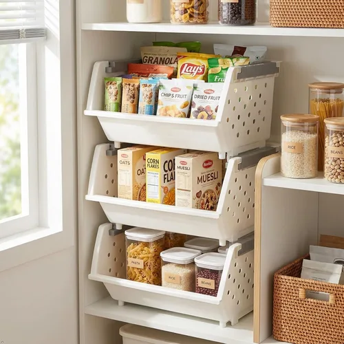 Vista 7 de Bringer Paquete de 4 cestas de almacenamiento apilables de plástico, cesta organizadora apilable de cocina, color blanco Stackable Storage Basket