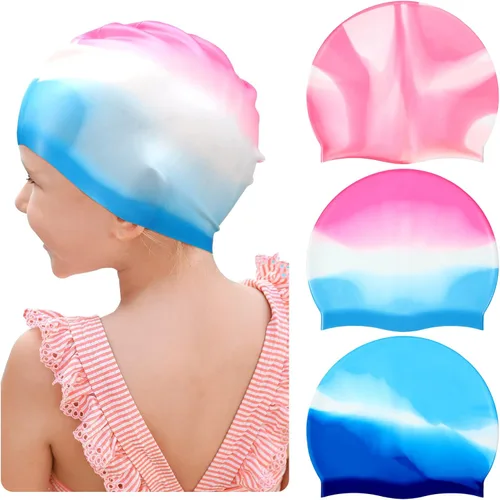 Vista 7 de Zhanmai 3 Pieces Kids Swim Caps for Long Hair Silicone Swimming Cap for Girls Boys Kids Teens with Long Curly Hair Braids Dreadlocks Large