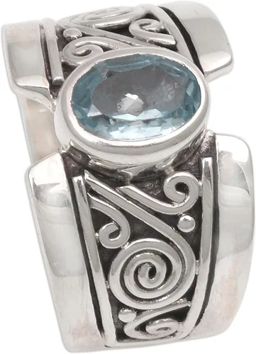 Vista 5 de NOVICA Anillo artesanal hecho a mano con topacio azul de una sola piedra de ley .925 ancho con piedra natal de serenidad de Indonesia 'Blue Karma