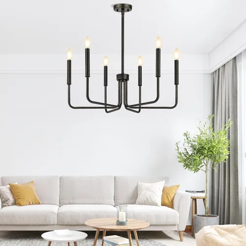 Vista 6 de Lynnoland - Candelabros de 6 luces de granja para comedor, accesorios de iluminación colgantes, lámparas industriales modernas para dormitorio Negro