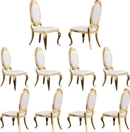 Vista 10 de ACEDÉCOR Sillas de comedor blancas y doradas, modernas sillas de piel sintética blanca, magnífica silla ovalada con respaldo de acero inoxidable