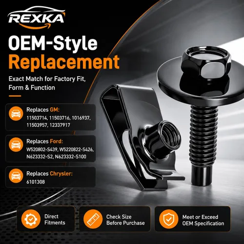 Vista 2 de Rexka 10 juegos de tuercas en U extruidas M6-1.0 y tornillos SEMS de cabeza hexagonal para GM Ford Chevy ChryslerJeep Dodge – multiusos – Protector
