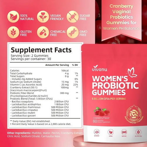Vista 7 de VivoNu Probióticos para mujeres, gomitas probióticas para mujeres, 500 millones de UFC, fibra Gomitas de equilibrio femenino para un olor