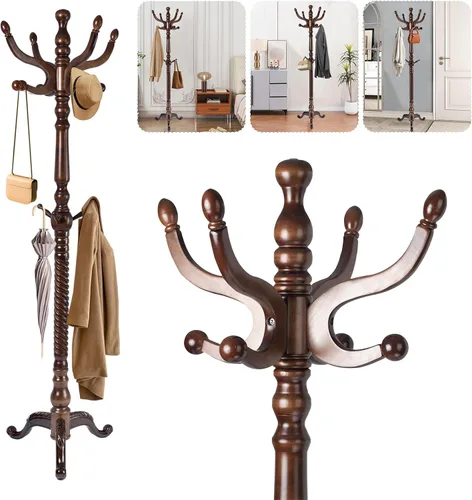 Vista 11 de Perchero de madera maciza – Perchero independiente de 73 pulgadas con 14 ganchos y base estable, altura ajustable, moderno árbol de madera