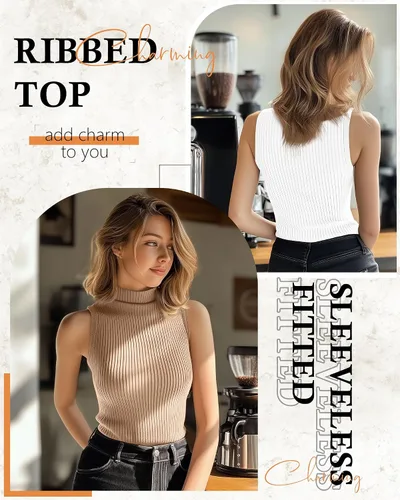 Vista 2 de Paquete de 3 camisetas sin mangas con cuello alto falso para mujer, acanaladas, elásticas, ajustadas, básicas, ligeras, bustier