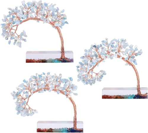 Vista 3 de rockcloud Árbol de dinero de piedra de cristal aguamarina con base de resina de chakras, hecho a mano, árbol bonsái de Feng Shui, decoración de Azul