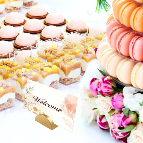 Vista 4 de 20 soportes dorados para números de mesa de boda, de madera, para colocar tarjetas de mesa de agradecimiento, mesas semicirculares, soportes