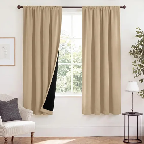 Vista 109 de NICETOWN Biscotti Beige 100% Cortinas opacas de 45" de largo para cocina, bolsillo con varilla para sótano completamente opaco, cortinas térmicas