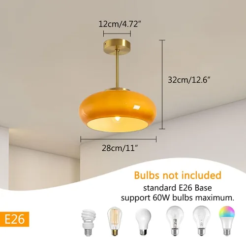 Vista 2 de Lámpara de techo semiempotrada de cristal, moderna cerca del techo, pantalla de cristal de cúpula naranja de 11 pulgadas, lámpara de techo dorada