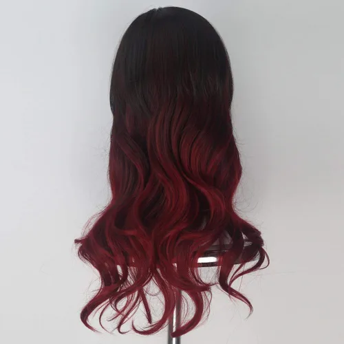 Vista 4 de Peluca larga ondulada marrón a rojo oscuro Omber Cosplay disfraz de Halloween
