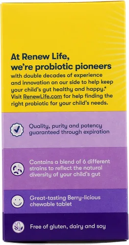 Vista 5 de Renew Life Kids Probióticos masticables, apoya la salud digestiva e inmune, prebióticos y probióticos, frambuesa, 30 tabletas masticables