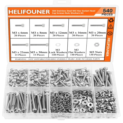 Vista 15 de HELIFOUNER - Juego de 540 piezas M3 x 6mm / 8mm / 12mm / 16mm / 20mm / 25mm / 30mm, tornillos de cabeza de botón, tuercas y arandelas, acero