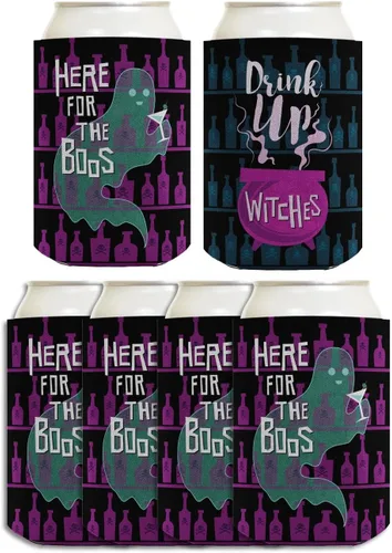 Vista 23 de Decoración espeluznante de Halloween Bebe brujas aquí para los abucheos 2 caras Paquete de 2 termoenfriadores ultra delgados para latas