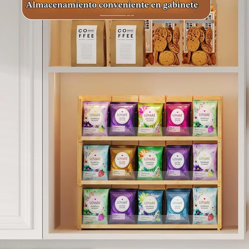 Vista 3 de X-cosrack Caja de almacenamiento organizadora de bolsas de té de bambú, caja de té apilable de 3 niveles, madera natural, cofres de té de montaje