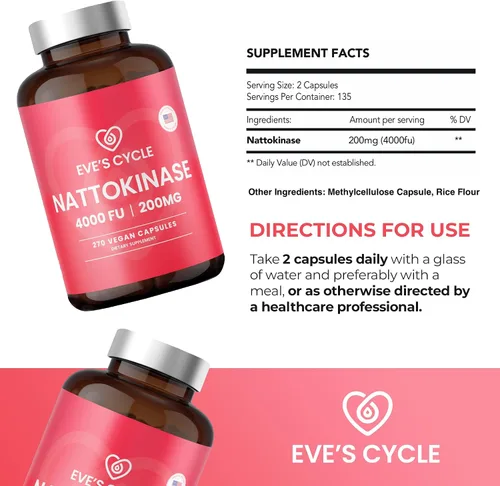 Vista 6 de Eve's Cycle Suplemento Nattokinase 4000 FU - 270 cápsulas veganas de Natto - Enzima japonesa premium, anticoagulante natural, orgánico, sin