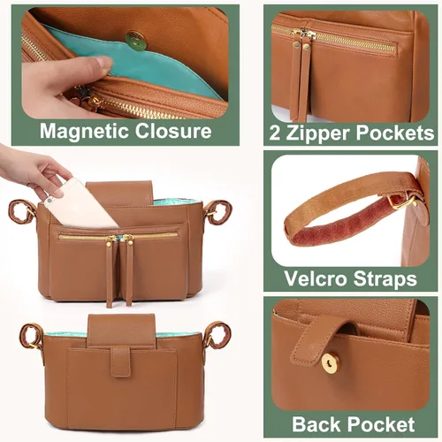 Vista 9 de MOMINSIDE Mochila para pañales, soporte organizador de cochecito con portavasos aislados, bolsa de bebé de cuero con 6 bolsillos aislados para mamá