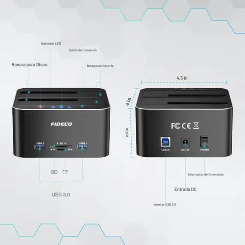 Vista 7 de FIDECO Estación de acoplamiento para disco duro, USB 3.0 Estaciones de acoplamiento de disco duro de aluminio 2.5"/3.5" SATA HDD SSD, lector