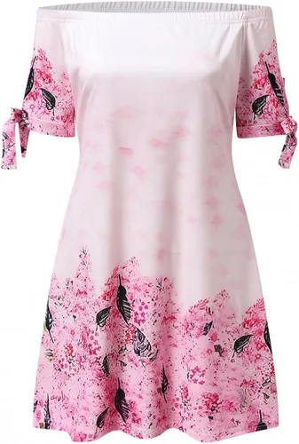 Vista 2 de Vestido de verano para mujer con hombros descubiertos con cordones manga corta estilo casual suelto para la playa vestido de verano