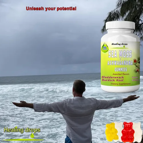 Vista 8 de Gomitas de musgo marino Ashwagandha con raíz de bardana Bladderwrack, dieta alcalina keto vegana sin OMG, sin lácteos y gluten, por Healing Drops