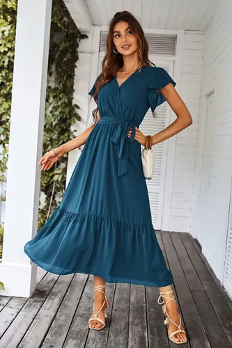 Vista 8 de PRETTYGARDEN - Vestido floral para mujer estilo bohemio, cruzado, con cuello en V, manga corta, con cinturón, dobladillo con volantes, acampanado