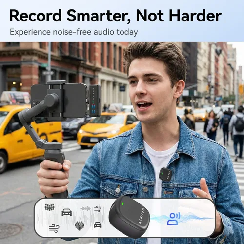 Vista 3 de AIRHUG Micrófono Lavalier inalámbrico para iPhone/Android/PC, batería de 60 horas, 48 KHz 24 bits, relámpago Plug-Play/USB-C, 3 modos de grabación