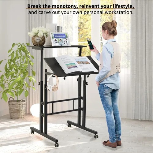 Vista 3 de Hadulcet Escritorio móvil de pie con estación de carga, escritorio ajustable para computadora de pie, carrito ajustable para laptop con ruedas