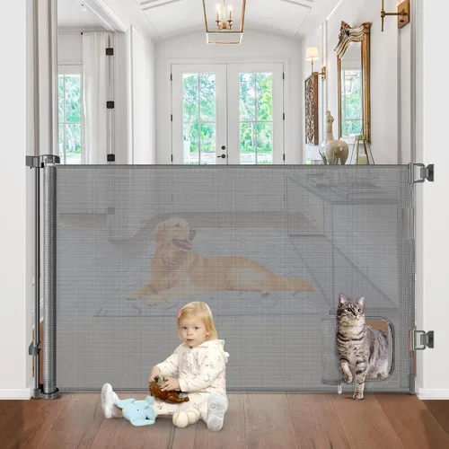 Vista 9 de Puertas retráctiles para bebés con puerta de 55" de ancho Puerta retráctil para perros con puerta para mascotas Puerta retráctil al aire libre