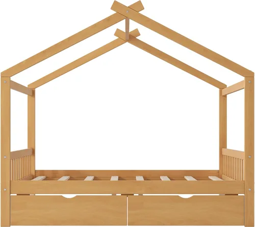 Vista 5 de Merax Cama de plataforma de tamaño matrimonial con dos cajones, marco de cama de madera con diseño de techo con cabecera y estribo, no necesita