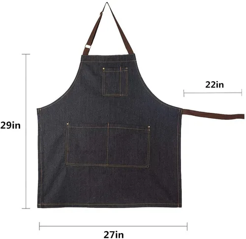 Vista 5 de Delantal de mezclilla unisex ajustable con múltiples bolsillos para chef cocina, barbacoa y estudio