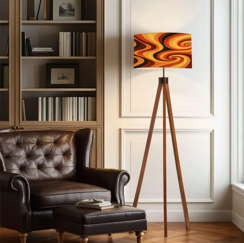 Vista 6 de Trípode de madera, lámpara de pie con diseño de remolino, psicodélico, Groovy, estilo de los años 70, estilo de mediados de siglo, naranja, retro