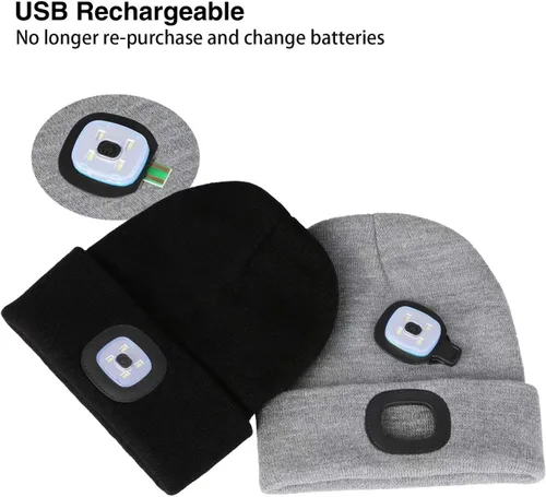 Vista 4 de PRAVETTE - Gorro de punto con luz LED, recargable, con USB, para hombre, mujer