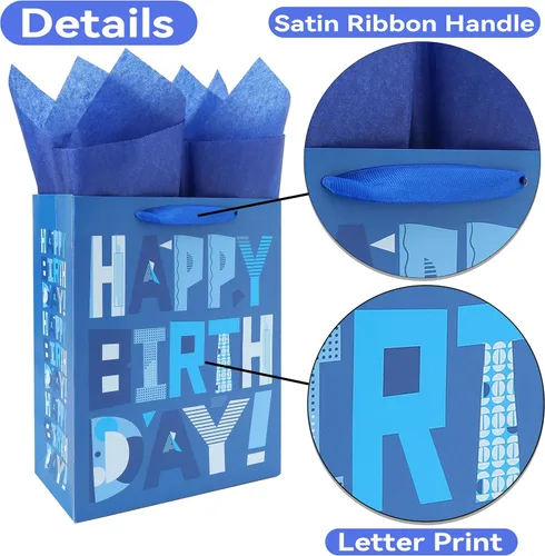 Vista 4 de Paquete de 2 bolsas de regalo azules medianas de 10.6 pulgadas con tarjeta de felicitación y papeles de seda (feliz cumpleaños azul) para fiestas