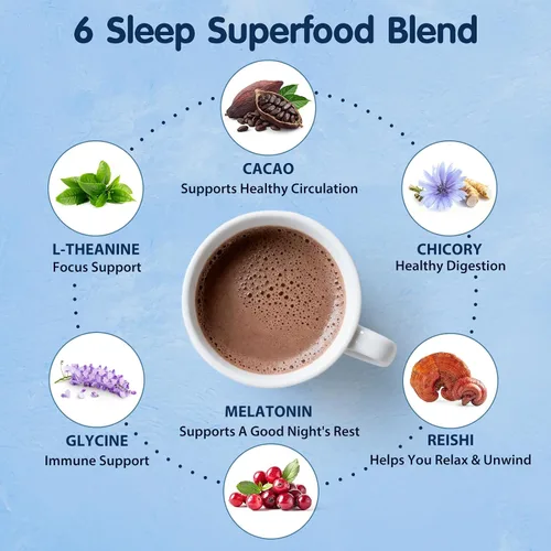 Vista 4 de Balincer Cacao caliente en polvo de hongos, suplemento para dormir con hongo Reishi, melatonina, glicina, cacao, L-teanina, achicoria, ayuda a
