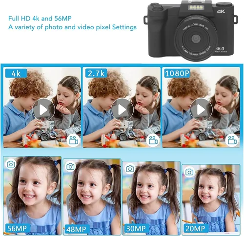 Vista 2 de Cámara digital compacta 4K para regalo, cámara de vlogging de enfoque automático de 56MP 16X, pantalla HD de 3.0 pulgadas, mini cámara DV de punto