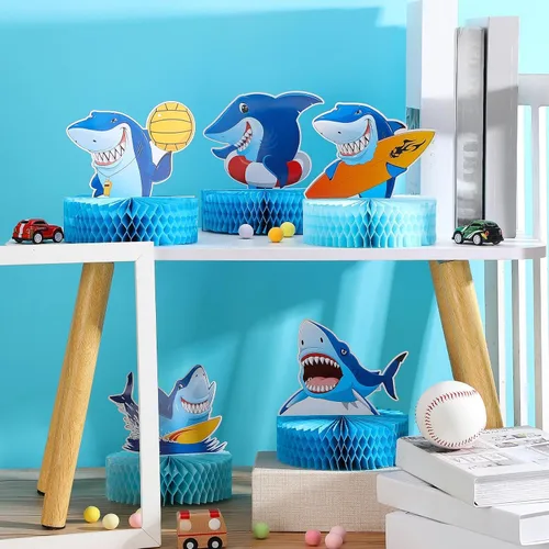 Vista 3 de 9 piezas de decoración de fiesta de cumpleaños de tiburón, centros de mesa de panal de abeja de tiburón, decoración temática de tiburones oceánicos