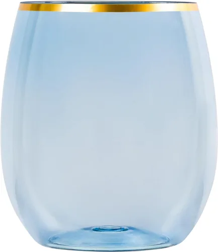 Vista 3 de PLASTICPRO Paquete de 12 copas de vino de plástico azules con borde dorado, sin tallo, desechables, de 12 onzas, sin BPA, inastillables, copas