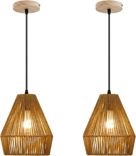 Vista 10 de Lámparas colgantes de ratán tejido de 6.7 pulgadas, paquete de 2 Toldo de madera de 6.7''+marrón