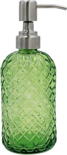 Vista 14 de Dispensador de jabón de vidrio con patrón de diamante de 16 onzas, dispensador de jabón recargable para cocina y baño, con bomba de acero inoxidable