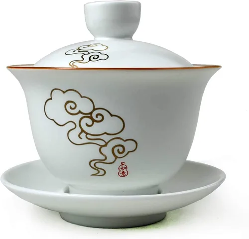 Vista 4 de Liang baobao Gaiwan - Taza de té de porcelana de 8 onzas, color blanco esmaltado con borde dorado, sopera china de gongfu, taza de té de gongfu