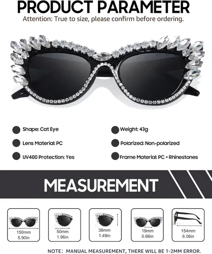 Vista 5 de IGnaef Lentes de sol con diamantes de imitación para mujer, con marco de joyas, accesorio de fiesta de disfraces