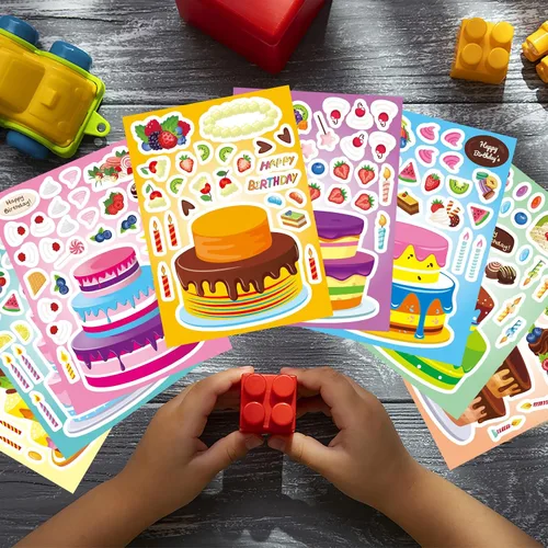 Vista 7 de DUJAA 24 hojas de calcomanías de cumpleaños, calcomanías Make-a-Cake para niños, juego de calcomanías de pastel de cumpleaños, color