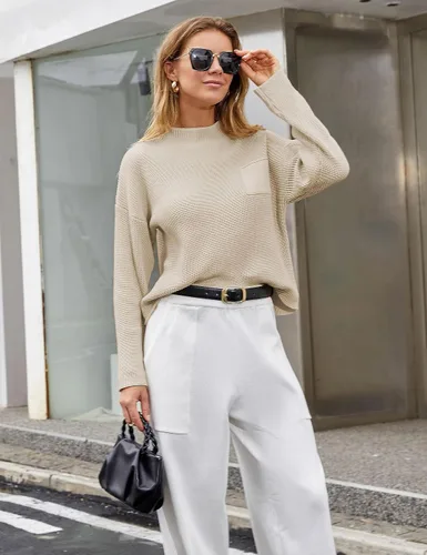 Vista 5 de Conjunto de dos piezas para mujer, suéter de manga larga, suéter de punto, pantalones de cintura alta, conjuntos de ropa de descanso