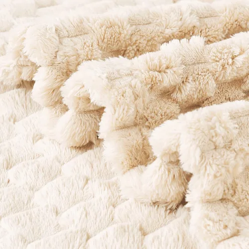 Vista 4 de FY FIBER HOUSE Manta de Vellón para Sofá 300GMS Súper Suave de Felpa Difusa Mantas y Cobijas para Sofá Cama Oficina, 40x50 Pulgadas, Beige