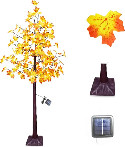 Vista 5 de Árbol de arce artificial solar de 6 pies con 120 luces LED blancas cálidas preiluminadas, decoración de árbol de otoño con modos de iluminación