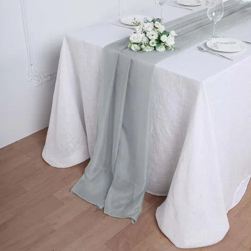 Vista 14 de Tableclothsfactory Camino de mesa de gasa de amatista de 22 x 80 pulgadas para bodas, fiestas, banquetes, decoración, ajuste rectangular y mesa