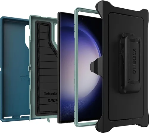 Vista 3 de OtterBox Funda para Galaxy S23 Ultra (solamente) - Serie Defender - Maniobra (azul), resistente y duradera, con protección de puerto, incluye