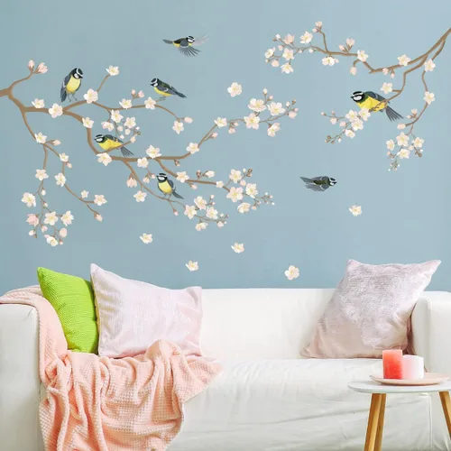 Vista 11 de Calcomanías románticas de pared de flores rojas 3D, ramas de árbol florales de ciruela, calcomanías de pared para bricolaje, flores de cerezo