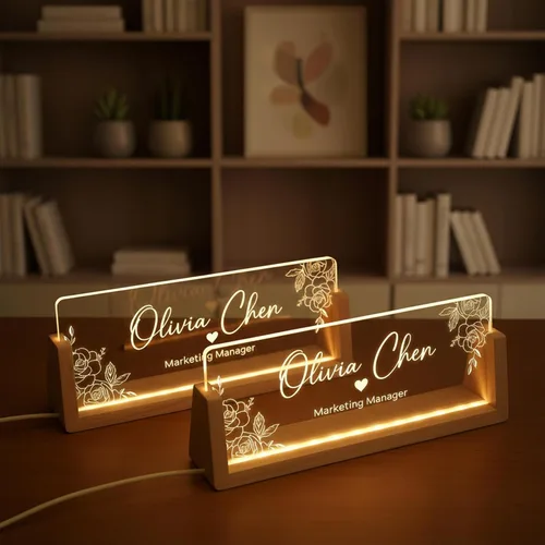 Vista 2 de Noni Placa de identificación LED personalizada para escritorio, placa de identificación de escritorio de acrílico iluminada con base de madera