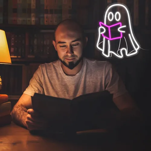 Vista 6 de Lámpara de libro de lectura fantasma, letrero de neón de fantasma de lectura, letrero de neón LED para sala de lectura, libro de lectura colgante